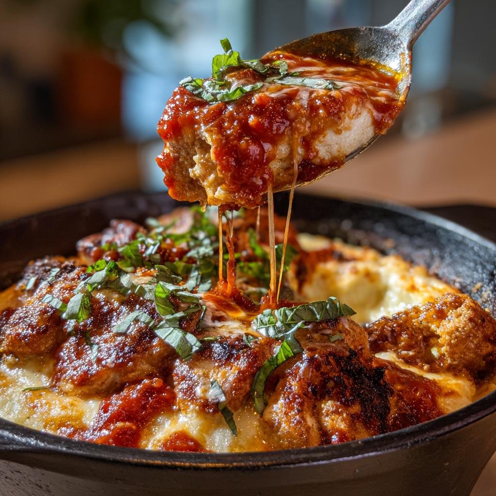 Spoon lifting a portion of Chicken Parm Cottage Bowl, showcasing melted cheese and tomato sauce.