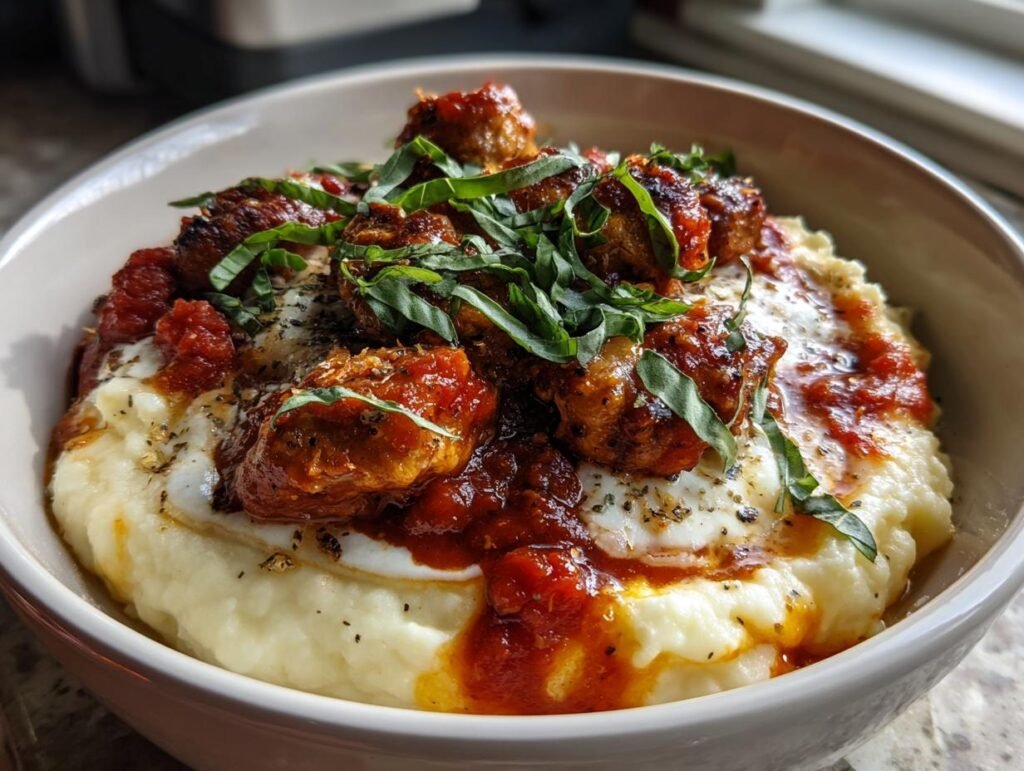 A Chicken Parm Cottage Bowl featuring creamy cottage cheese, chicken, tomato sauce, and basil.