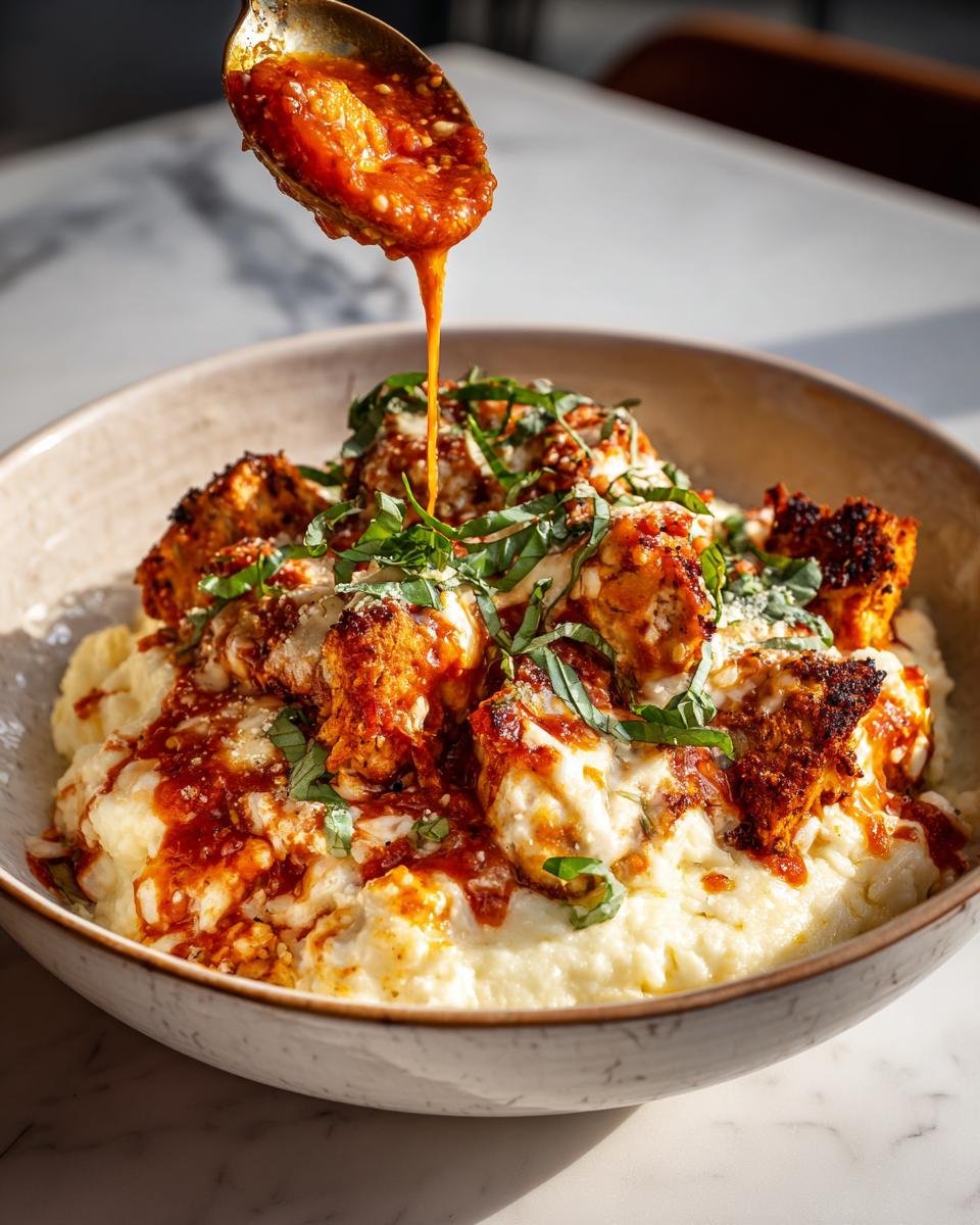 Close-up of a Chicken Parm Cottage Bowl with tomato sauce being drizzled over the chicken and cauliflower.