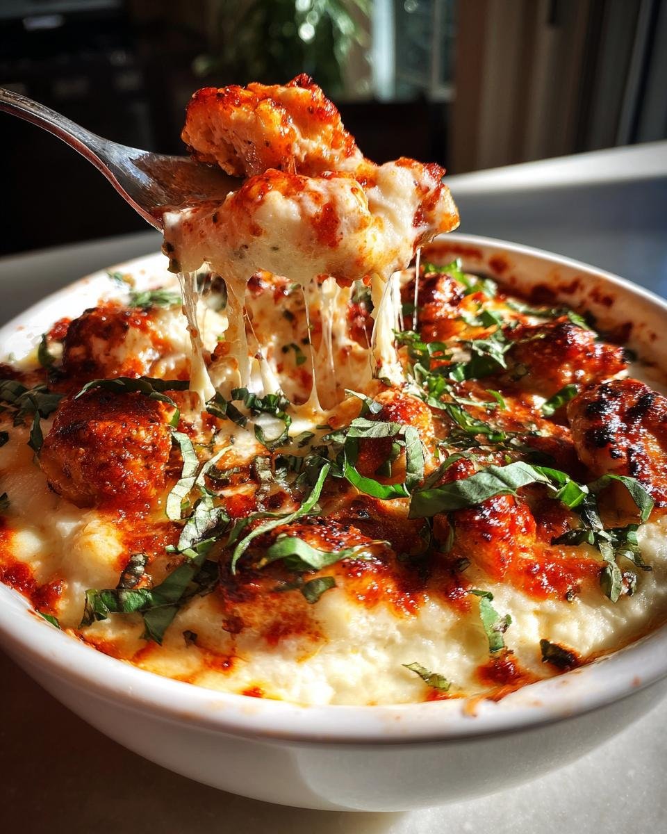 A fork lifts a cheesy bite of Chicken Parm Cottage Bowl, showcasing the cheese pull and basil garnish.