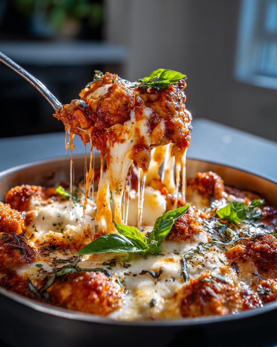 A spoonful of Chicken Parm Cottage Bowl is lifted, showing melted cheese and basil garnish.