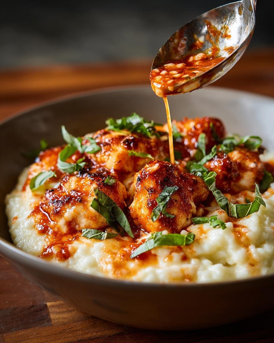 Close-up of a Chicken Parm Cottage Bowl with sauce being drizzled over chicken and fresh basil.