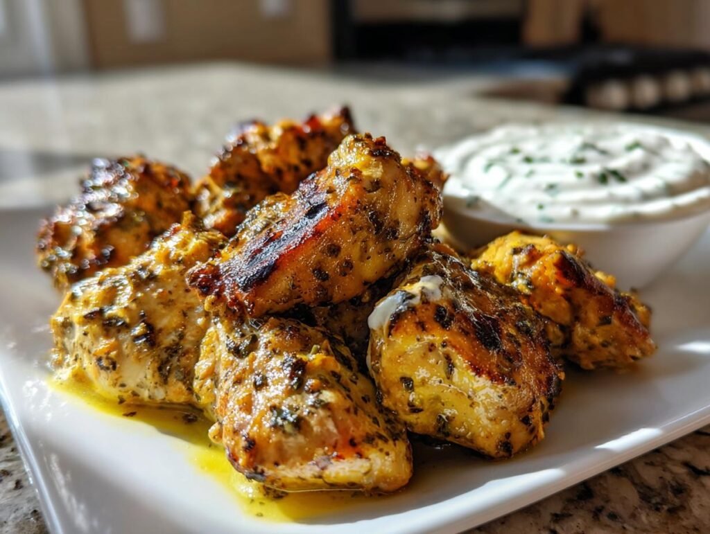 Close-up of Chicken Shawarma with Garlic Sauce, featuring grilled chicken pieces and a creamy garlic dip.