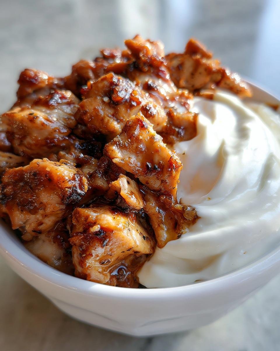 Close-up of Chicken Shawarma with Garlic Sauce in a white bowl, showing the texture of the chicken and sauce.