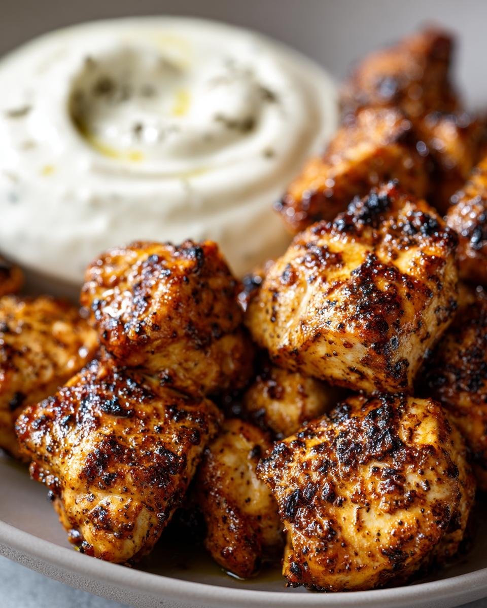 A close-up of Chicken Shawarma with Garlic Sauce, showing the texture of the chicken and the creamy sauce.