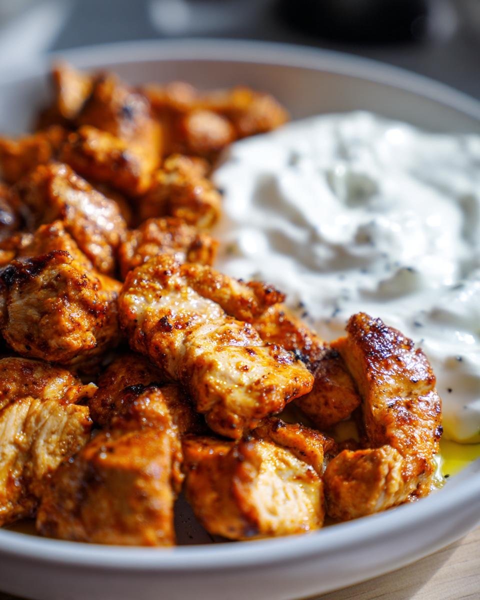 Close-up of Chicken Shawarma with Garlic Sauce in a white bowl, showing the texture of the chicken and sauce.