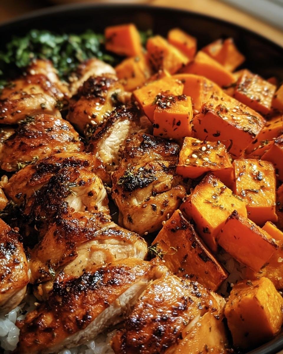 Close-up of a Chicken and Sweet Potato bowl with greens and rice.