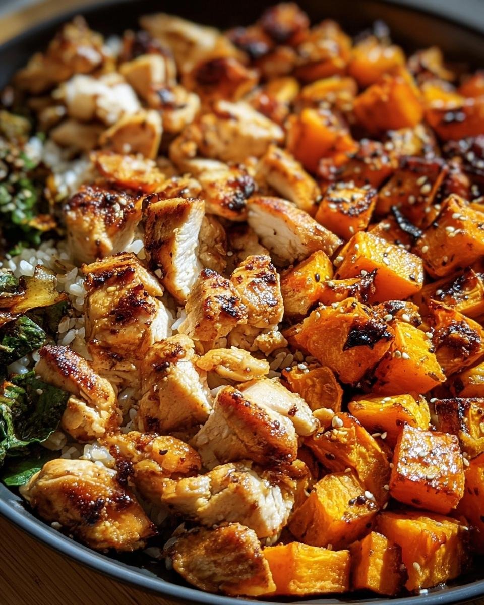Close-up of a Chicken and Sweet Potato bowl with rice and greens, showcasing the dish's vibrant colors and textures.