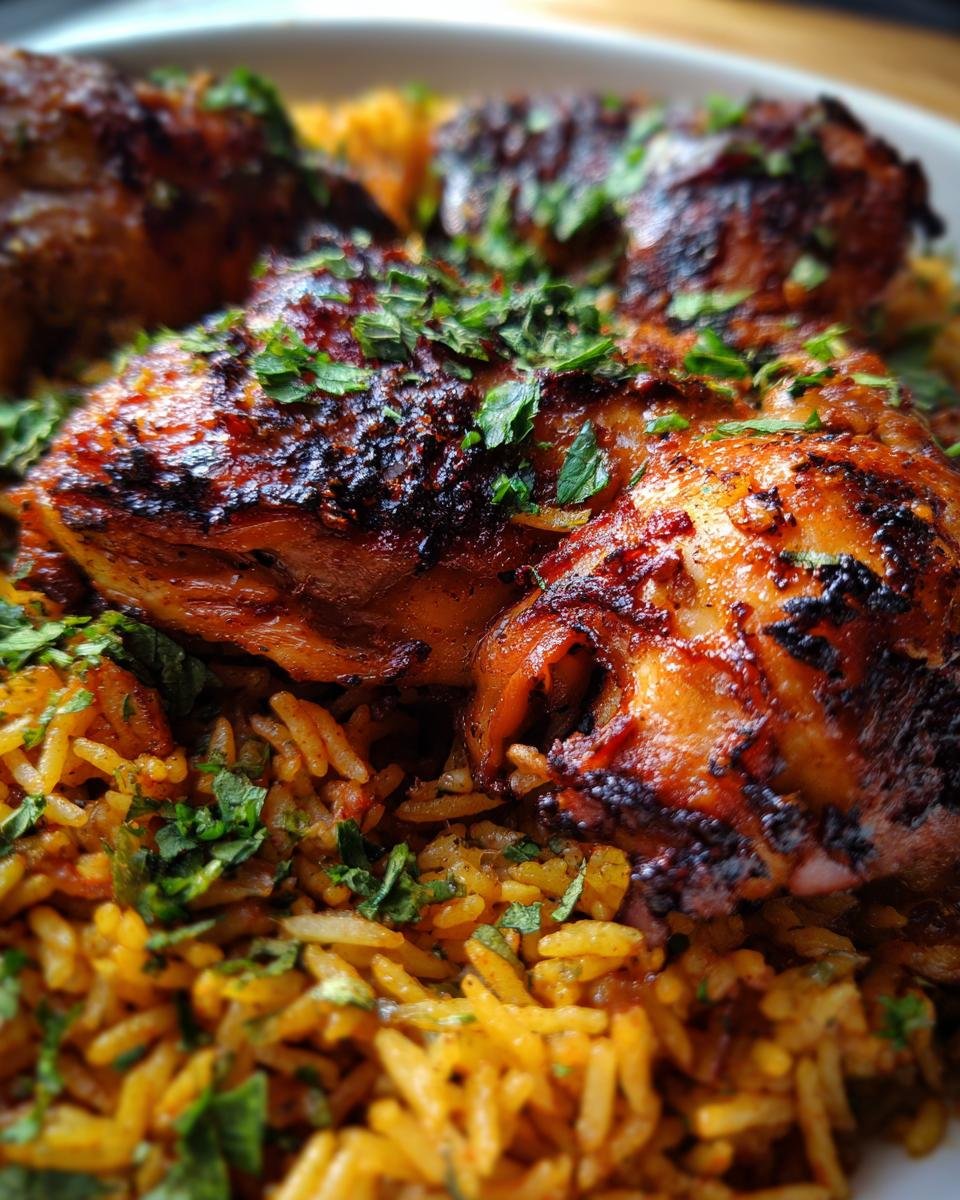 Close-up of Chicken & Sweet Potato Rice dish, featuring seasoned chicken over rice, garnished with fresh herbs.