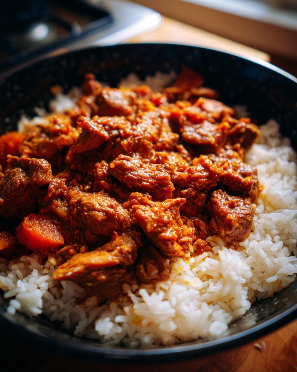 A bowl of Chicken & Sweet Potato Rice, featuring tender chicken and sweet potato in a rich sauce over fluffy rice.