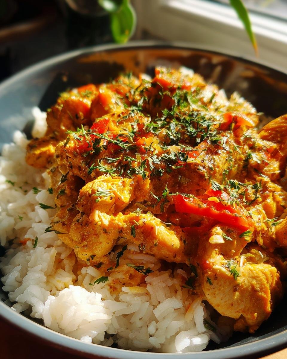 Close-up of a bowl of Chicken & Sweet Potato Rice, garnished with fresh herbs.