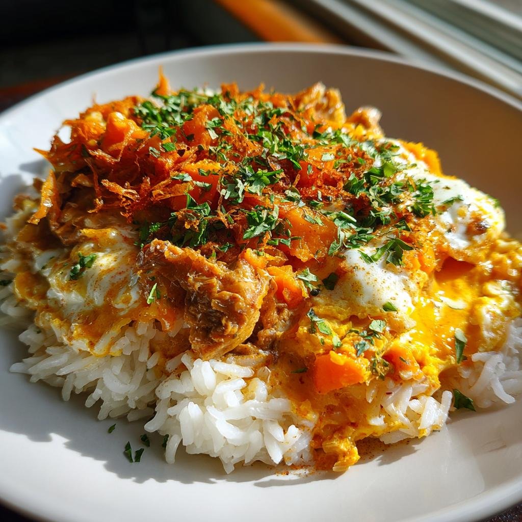 A delicious bowl of Chicken & Sweet Potato Rice, topped with herbs and crispy fried onions.