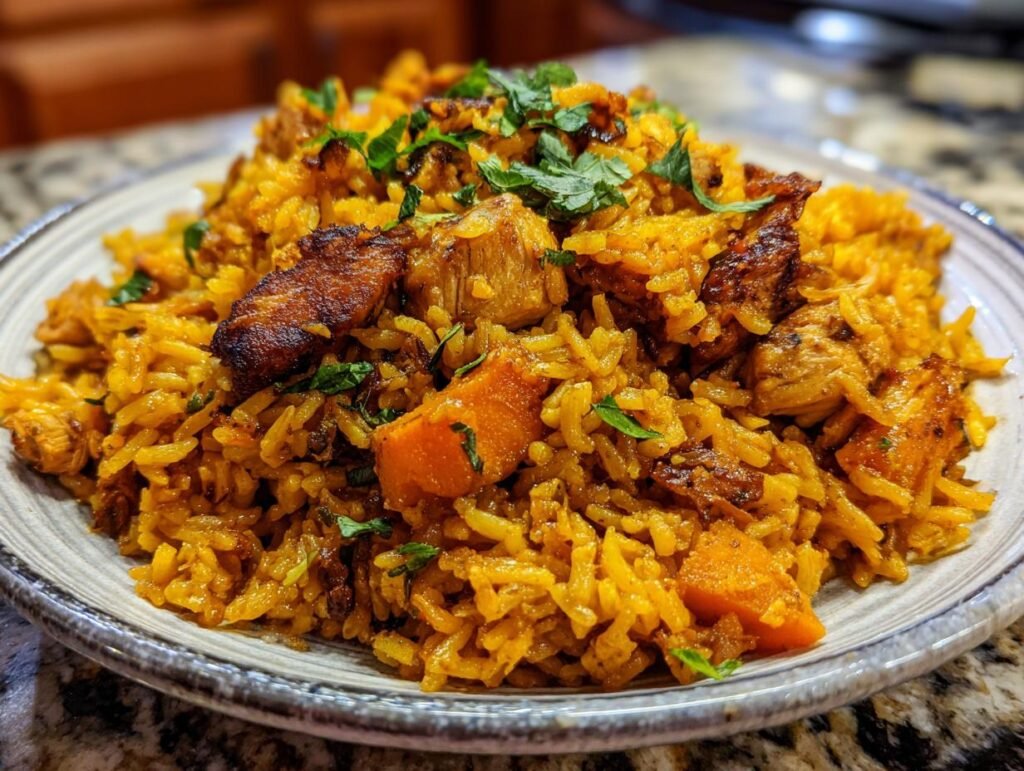 A serving of Chicken & Sweet Potato Rice, garnished with fresh herbs, on a plate.