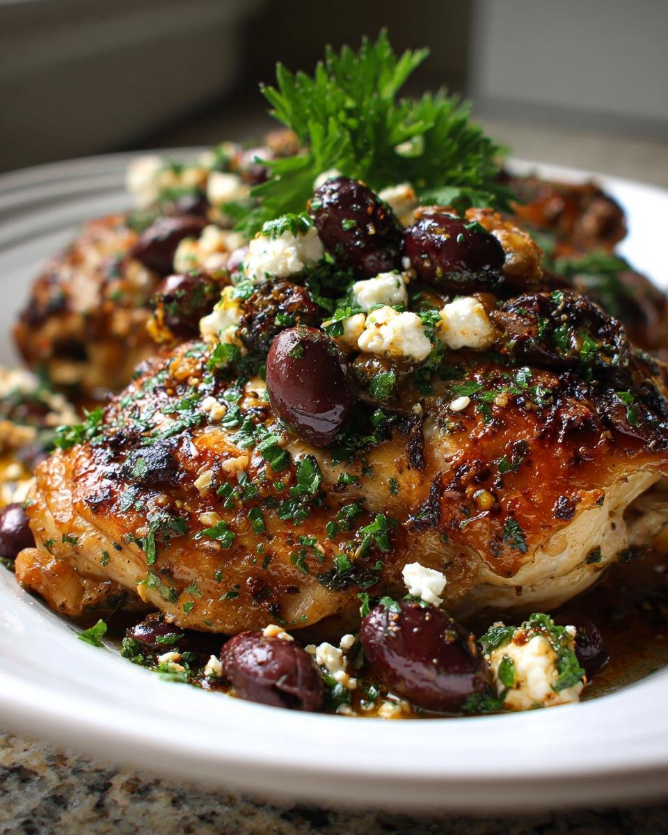 Close-up of Chicken with Olives and Feta, garnished with fresh herbs on a white plate.