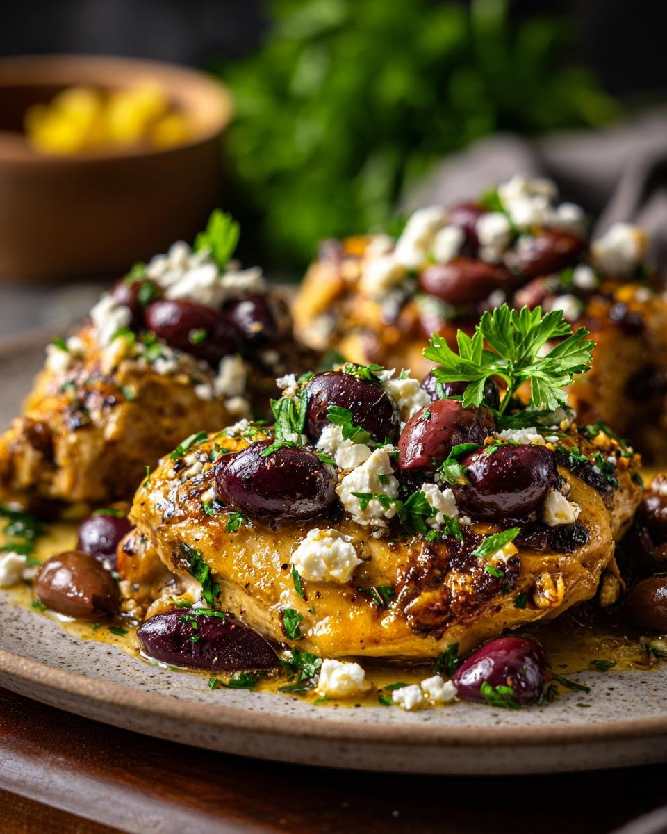 Close-up of Chicken with Olives and Feta, garnished with parsley on a plate.