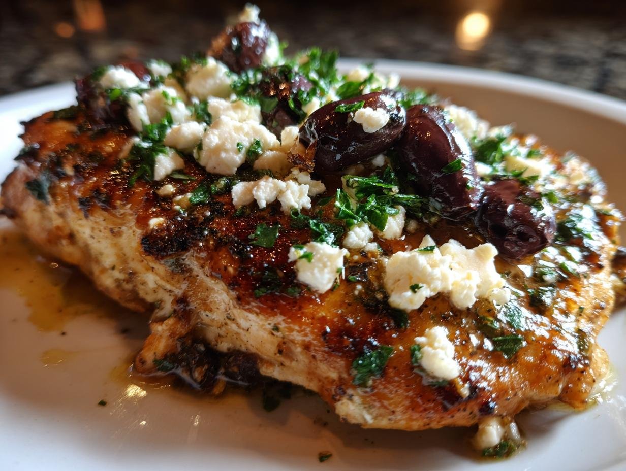 A close-up of Chicken with Olives and Feta, garnished with fresh parsley on a white plate.