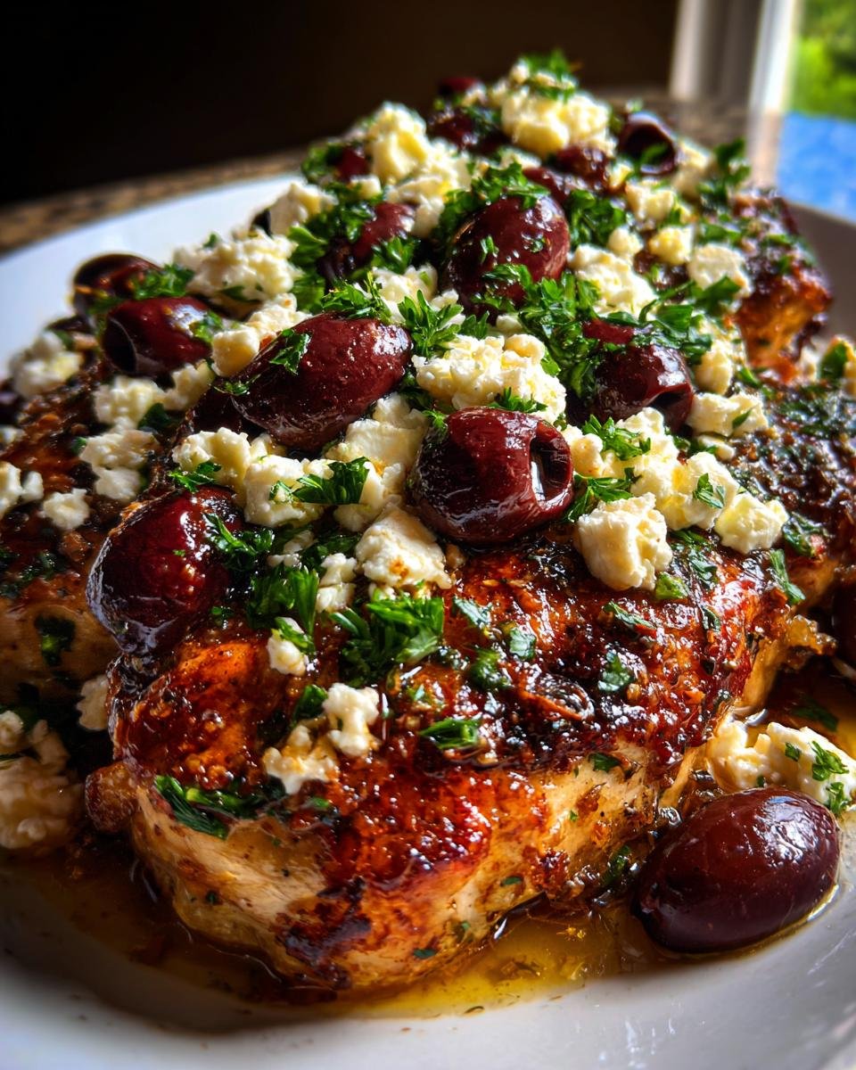 A close-up of Chicken with Olives and Feta, garnished with parsley on a white plate.