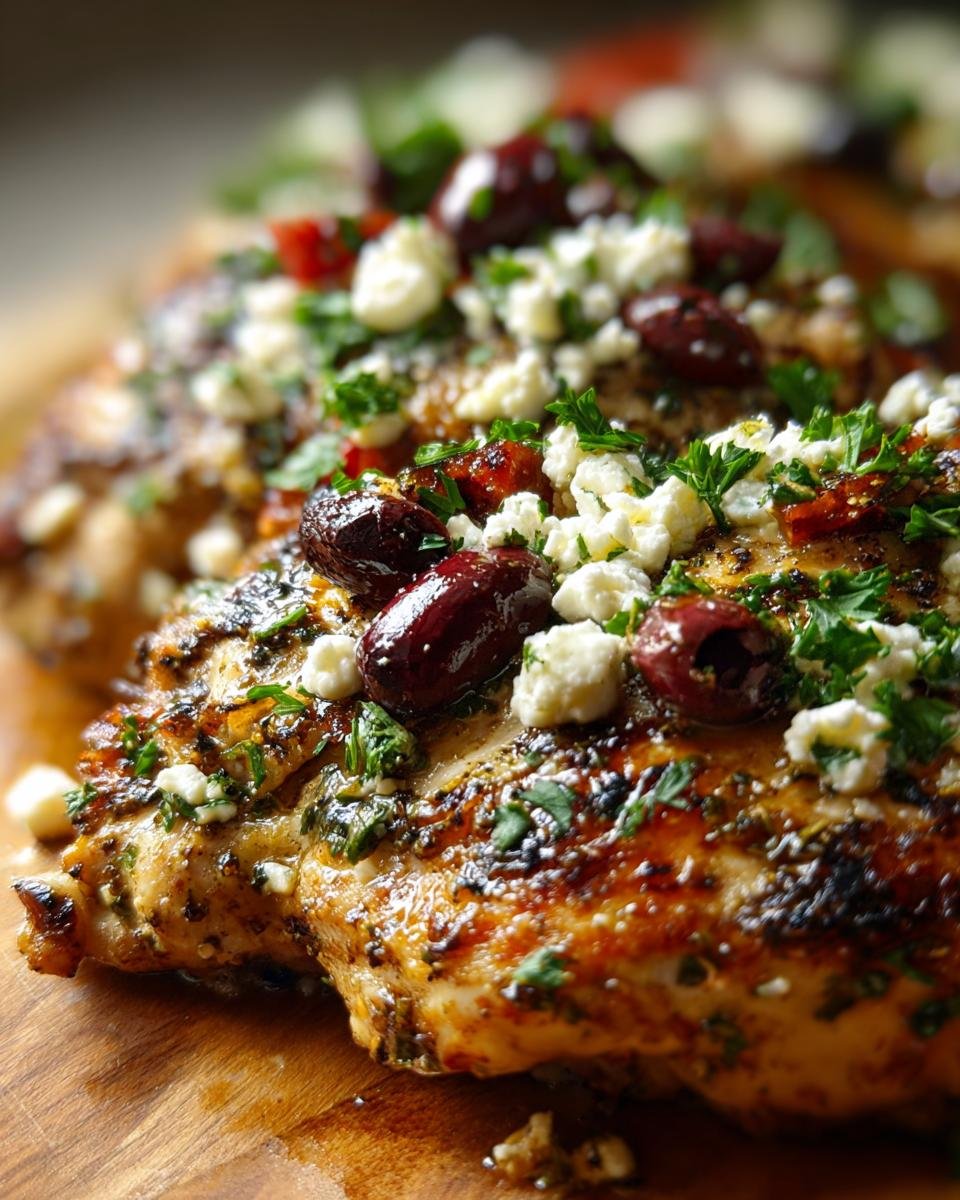 Close-up of Chicken with Olives and Feta, garnished with fresh herbs and served on a wooden board.