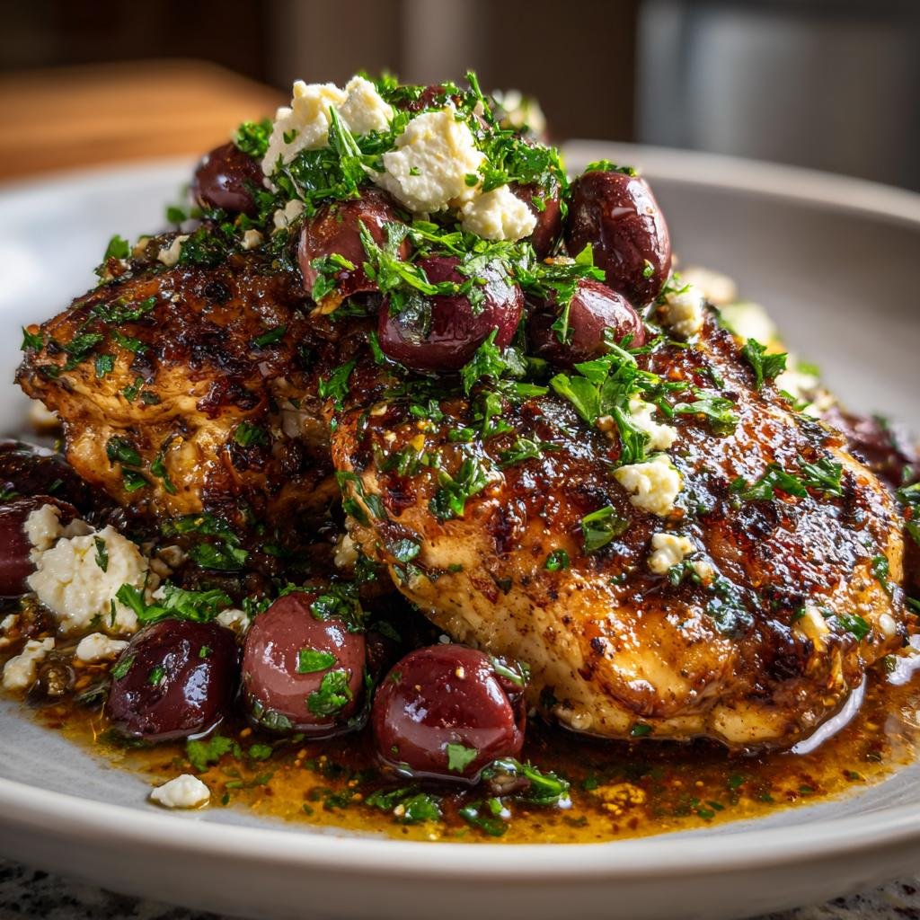 Two pieces of Chicken with Olives and Feta, garnished with parsley, on a plate.