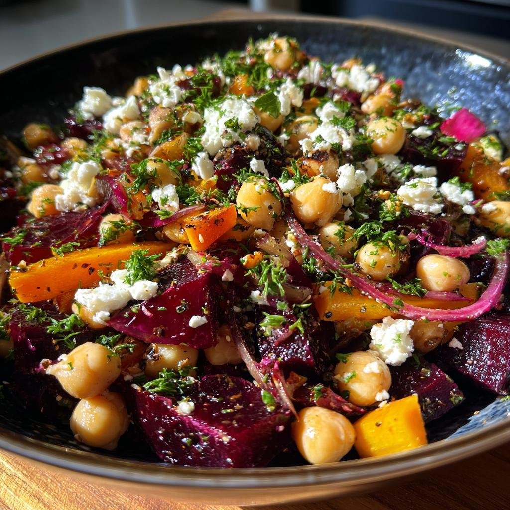 A vibrant Chickpea, Beet and Feta Salad with fresh herbs, served in a dark bowl.