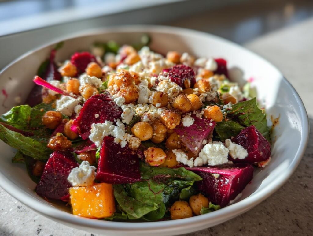 A vibrant Chickpea, Beet and Feta Salad in a white bowl, featuring colorful beets, chickpeas, and feta cheese.
