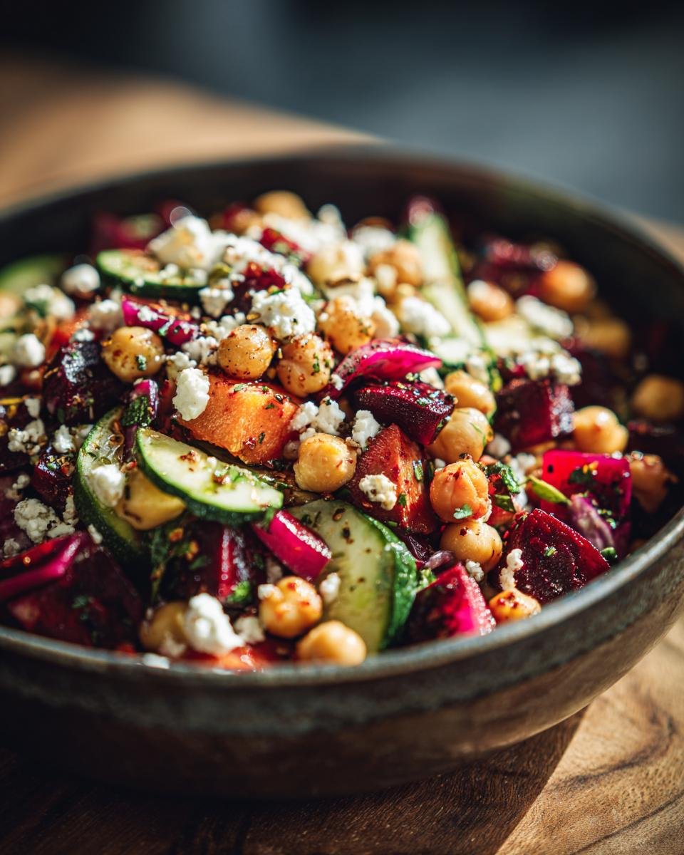 A colorful Chickpea, Beet and Feta Salad in a dark bowl, featuring chickpeas, beets, feta, and zucchini.