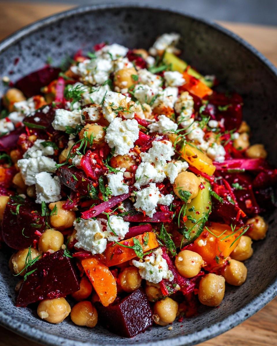 A vibrant bowl of Chickpea, Beet and Feta Salad with fresh herbs and colorful vegetables.