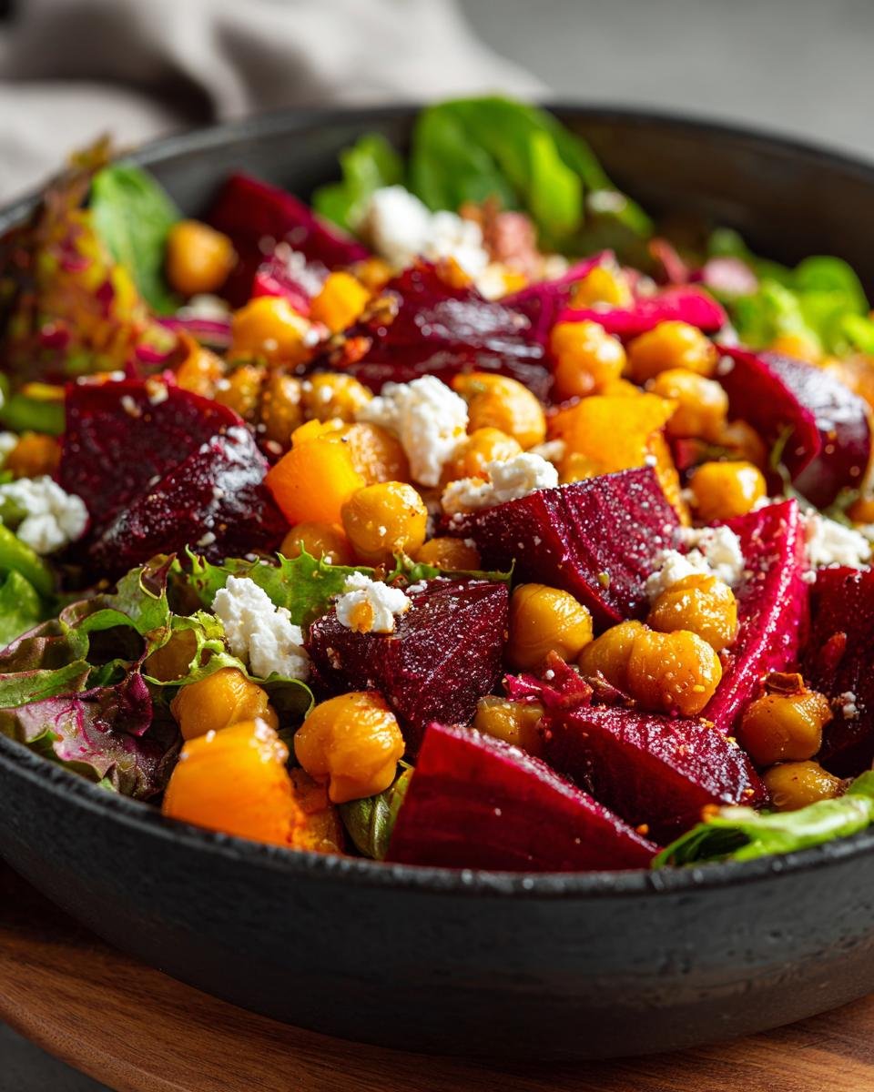 A vibrant Chickpea, Beet and Feta Salad in a black bowl, featuring colorful beets, chickpeas, feta cheese, and greens.