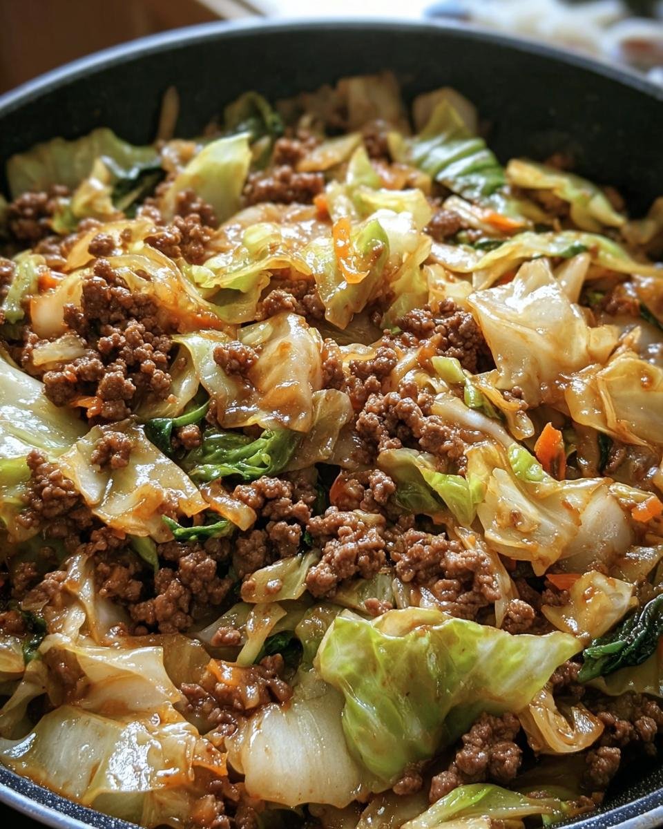 Close-up of Chinese Ground Beef and Cabbage stir-fry in a pan, showcasing the beef and cabbage.