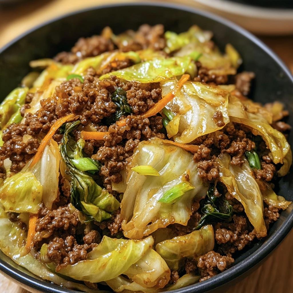 Close-up of a bowl filled with Chinese Ground Beef and Cabbage stir-fry.