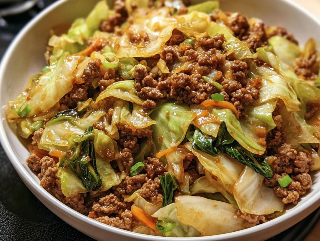 A bowl of flavorful Chinese Ground Beef and Cabbage stir-fry, featuring ground beef, cabbage, and carrots.