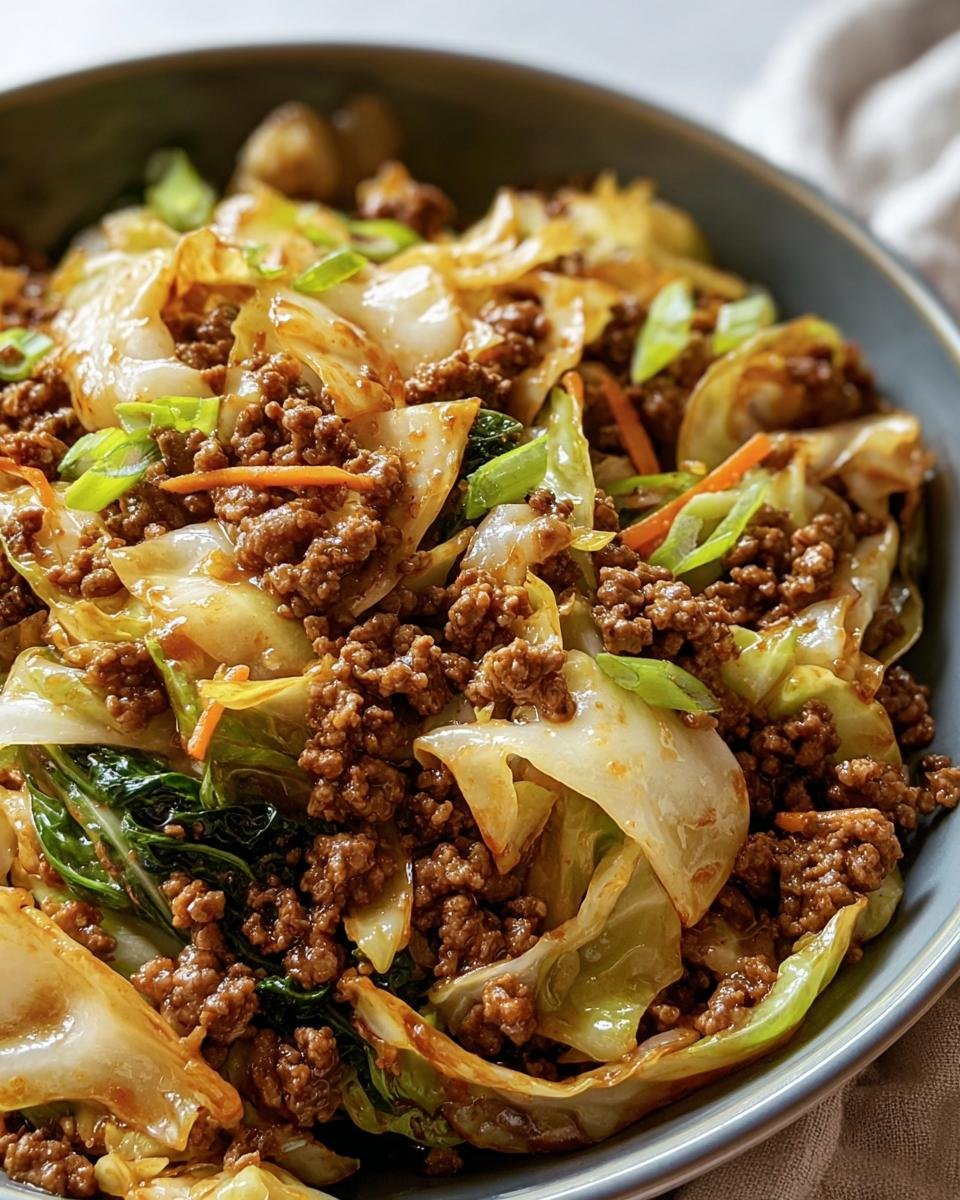 A bowl of savory Chinese Ground Beef and Cabbage stir-fry with green onions and carrots.