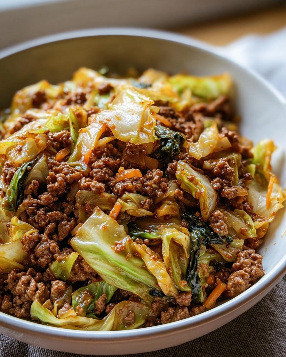 Close-up of a bowl filled with Chinese Ground Beef and Cabbage stir-fry, showing the beef, cabbage, and carrots.