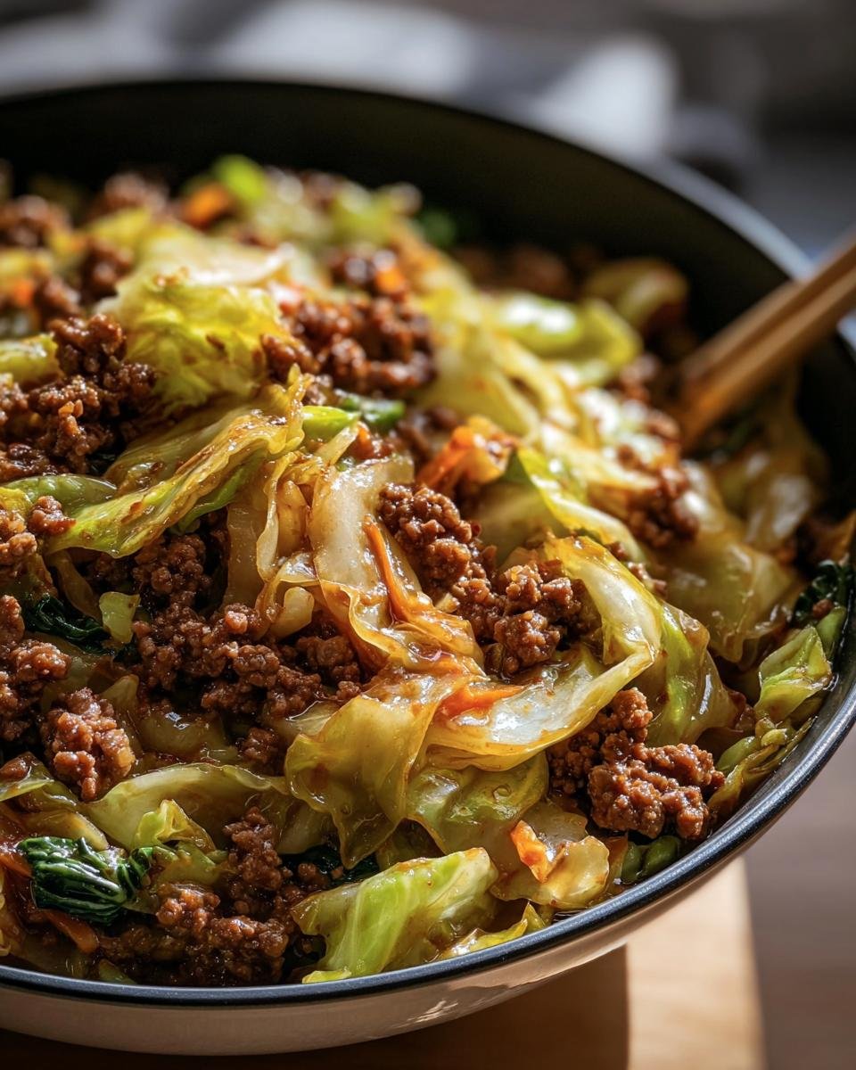 Close-up of Chinese Ground Beef and Cabbage stir-fry in a bowl, ready to serve with chopsticks.