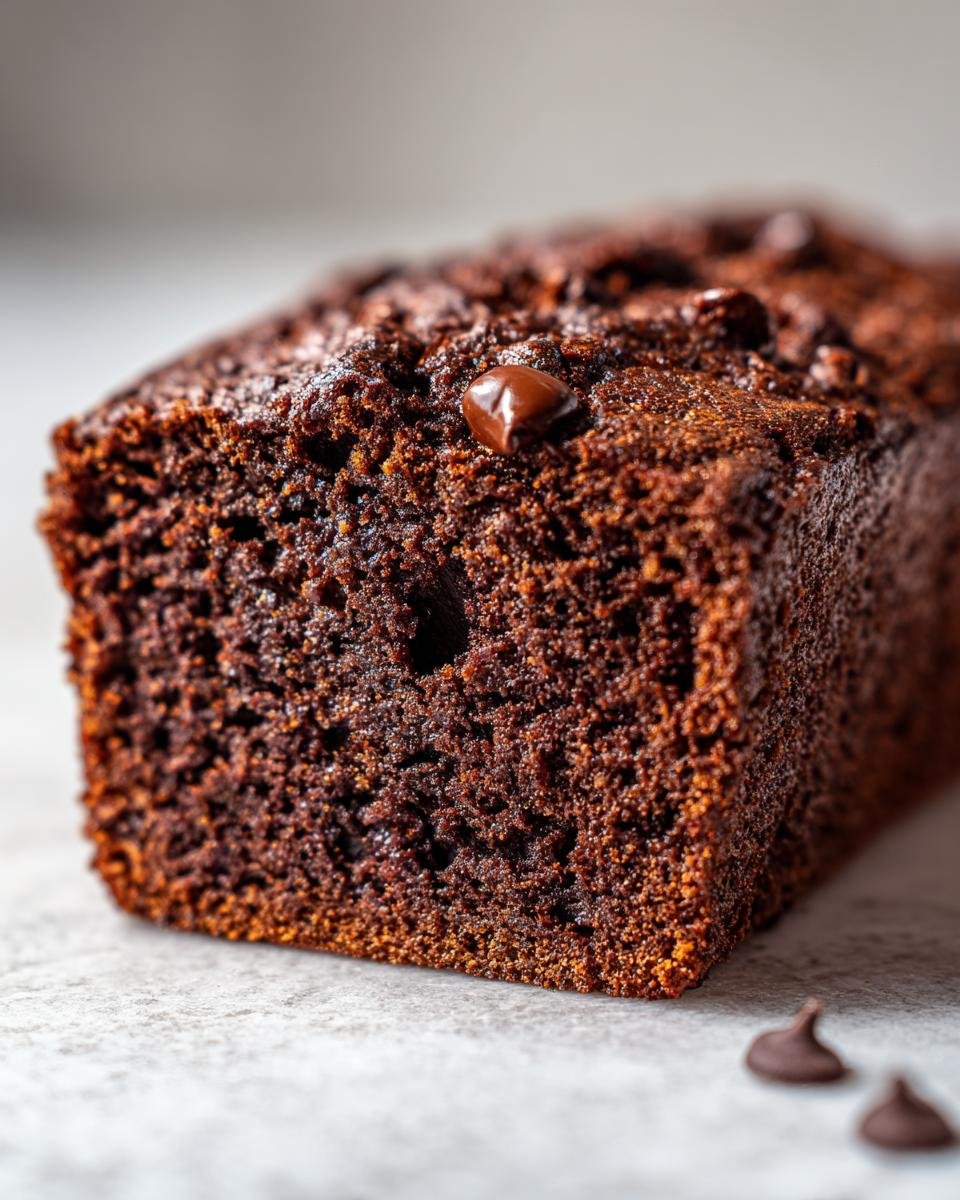 Close-up of a rich Chocolate Espresso Banana Bread loaf, topped with chocolate chips.
