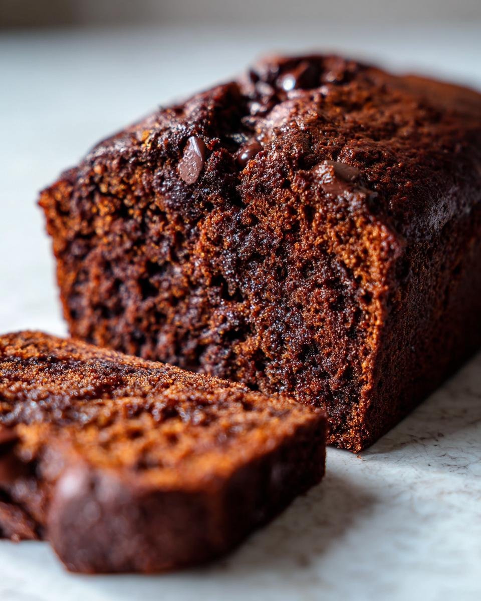 A loaf of Chocolate Espresso Banana Bread with a slice cut, showing the moist texture and chocolate chips.