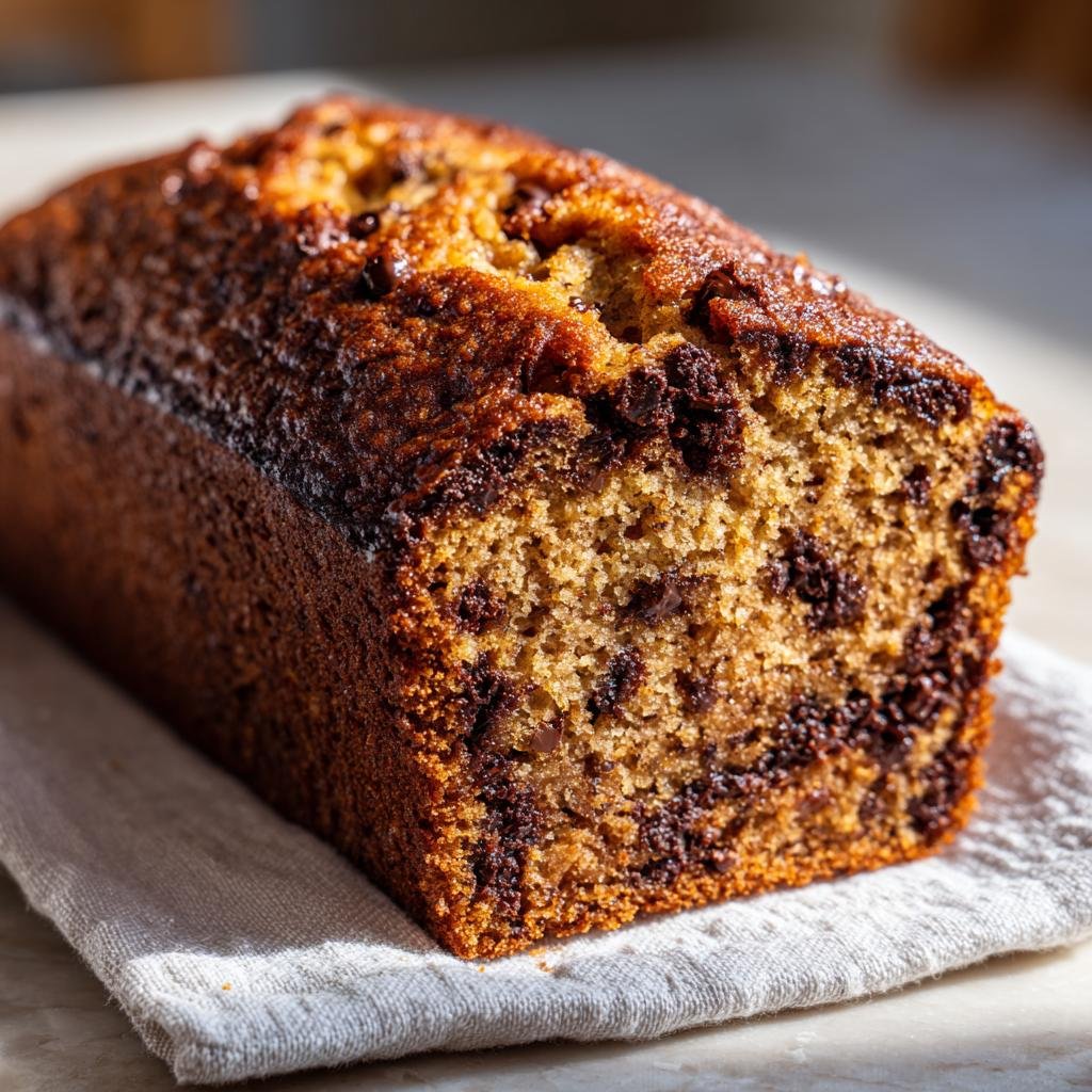 A full loaf of Chocolate Espresso Banana Bread, studded with chocolate chips, sits on a linen cloth.