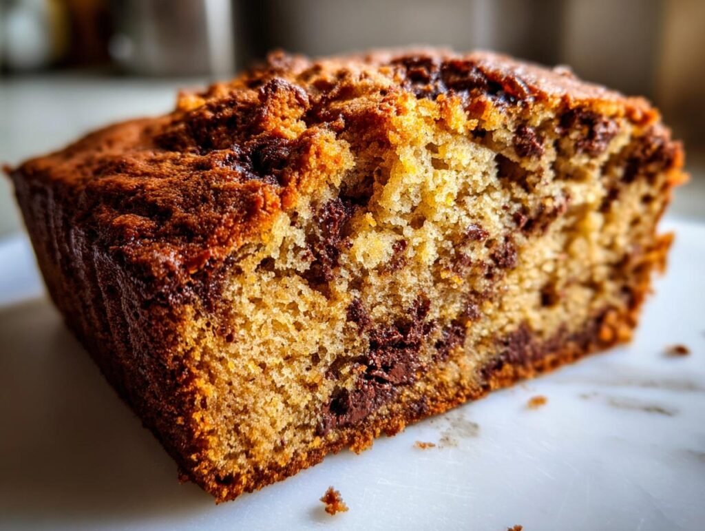 Close-up of a slice of Chocolate Espresso Banana Bread, showing the texture and chocolate chips.