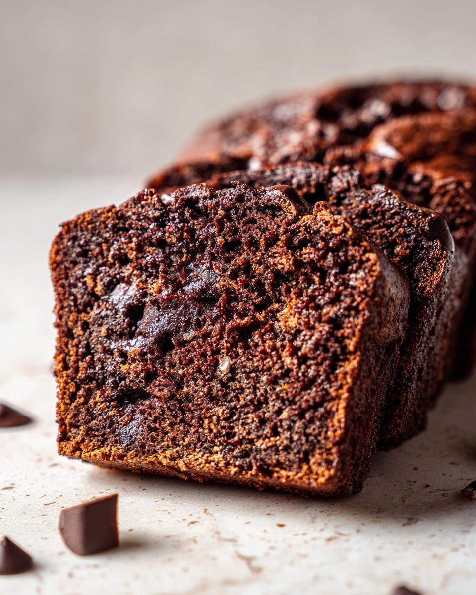 Close-up of sliced Chocolate Espresso Banana Bread, showing the rich, moist texture and chocolate chunks.