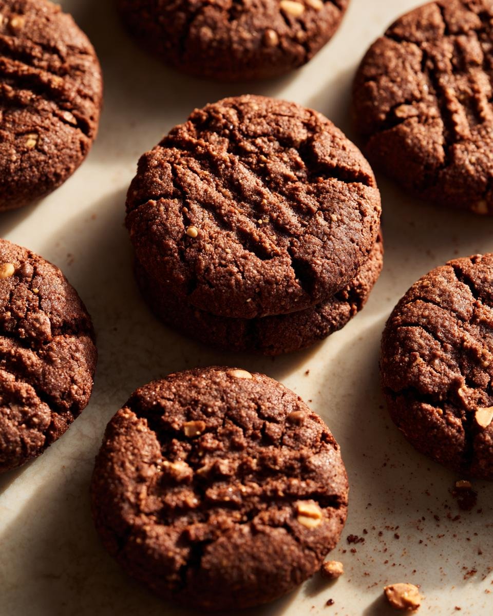 Several freshly baked Chocolate-Peanut Butter Cookies on a light surface, some stacked.