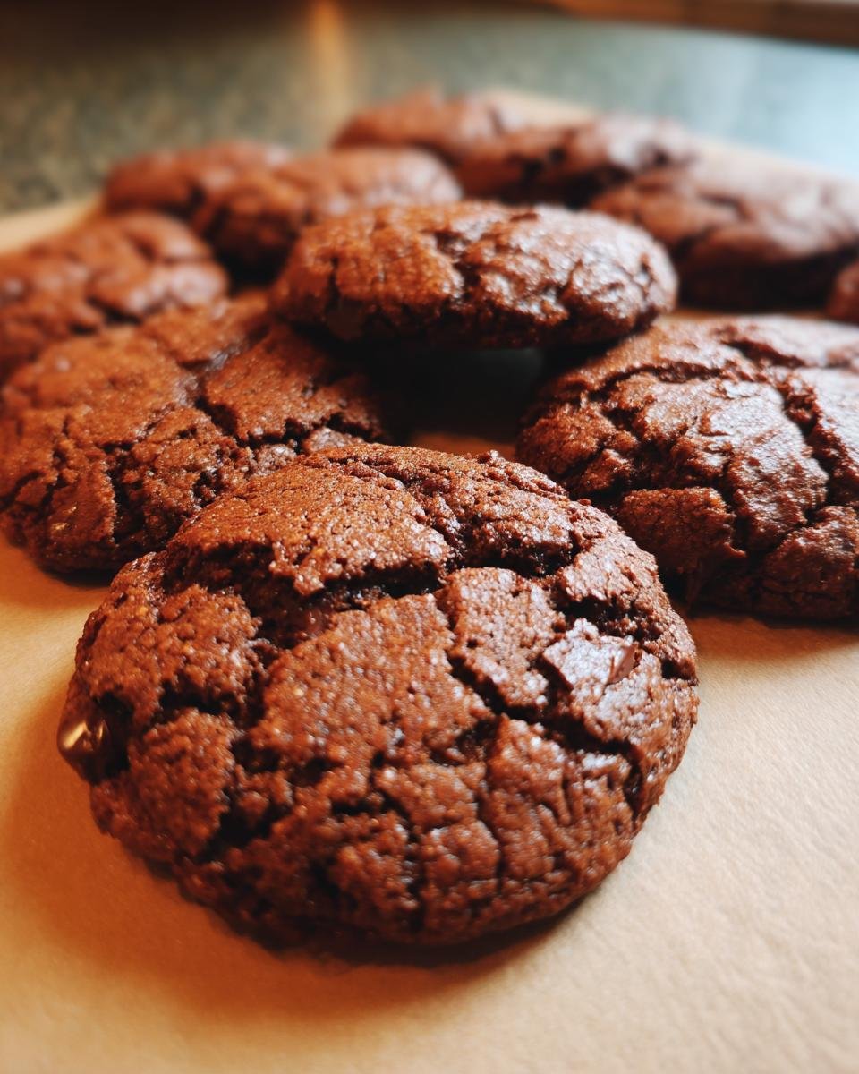 Close-up of freshly baked Chocolate-Peanut Butter Cookies on parchment paper.