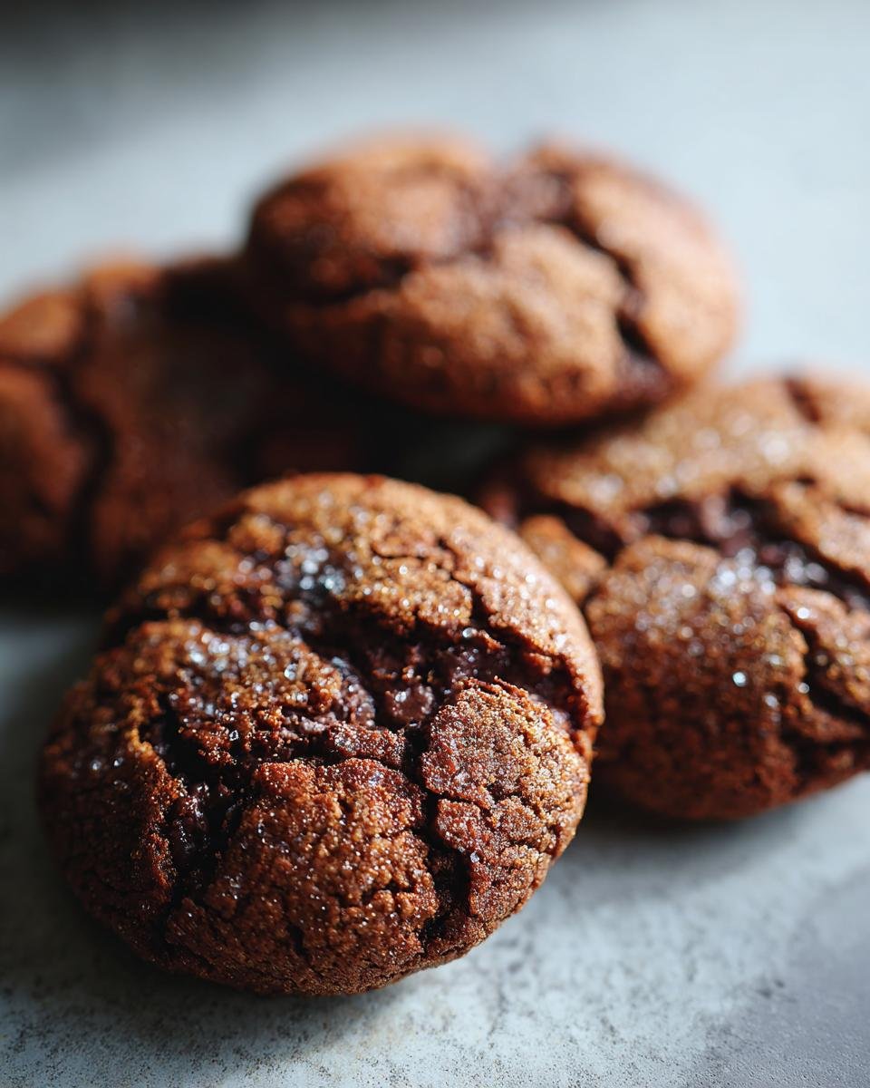 A close-up of several Chocolate-Peanut Butter Cookies, showcasing their texture and sugary topping.