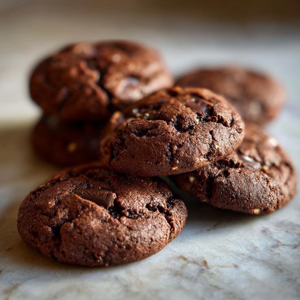 A stack of delicious homemade Chocolate-Peanut Butter Cookies on a marble surface.