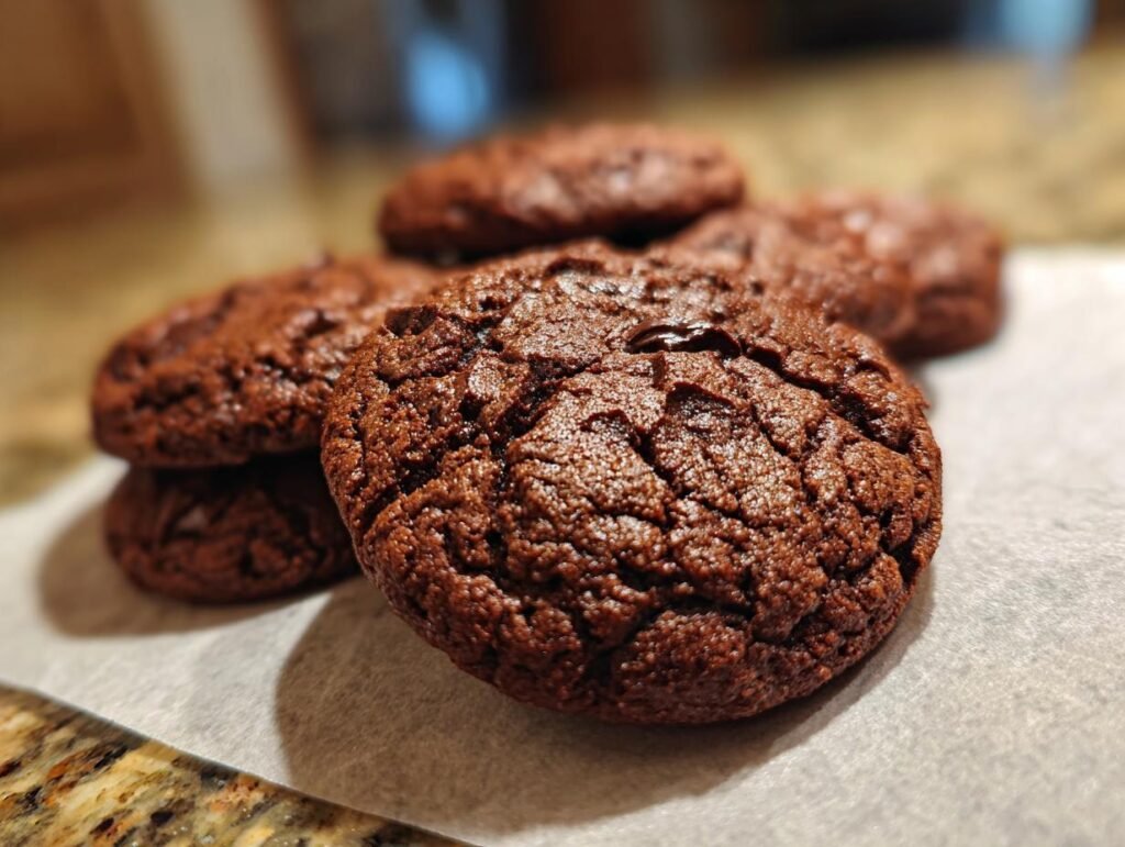 A stack of freshly baked Chocolate-Peanut Butter Cookies on parchment paper.