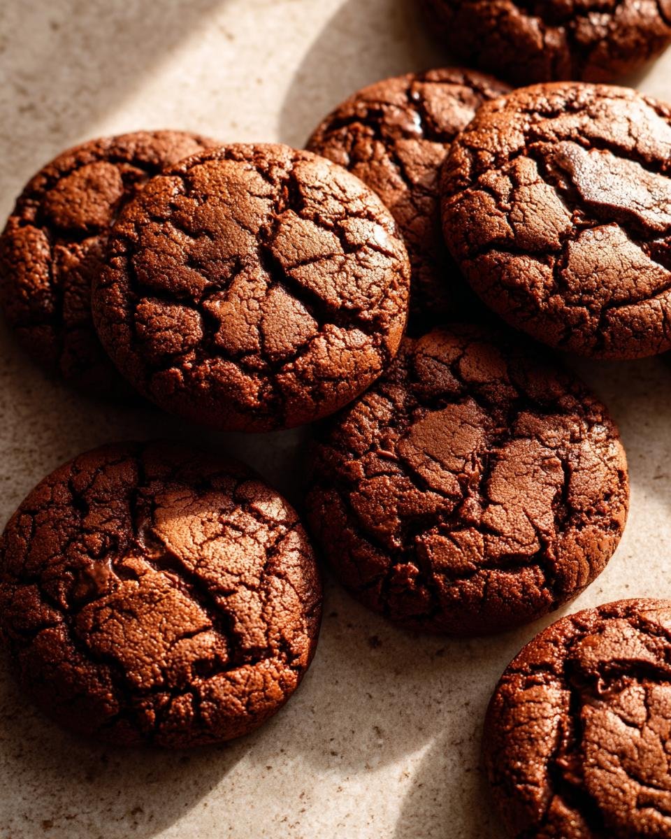 A mouthwatering pile of freshly baked Chocolate-Peanut Butter Cookies, showcasing their rich color and cracked tops.
