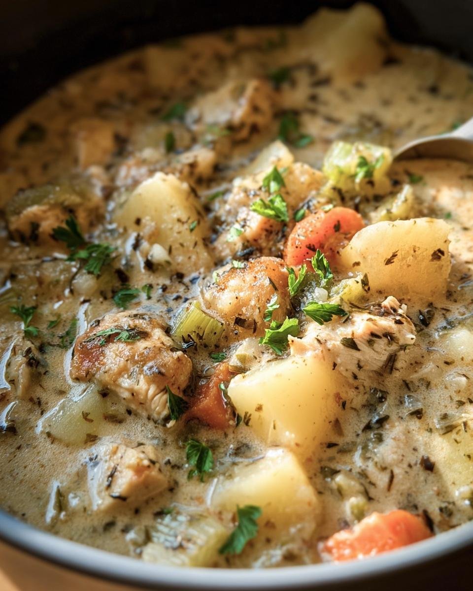 Close-up of chunky chowder conjures with potatoes, chicken, carrots, celery, and herbs in a creamy broth.