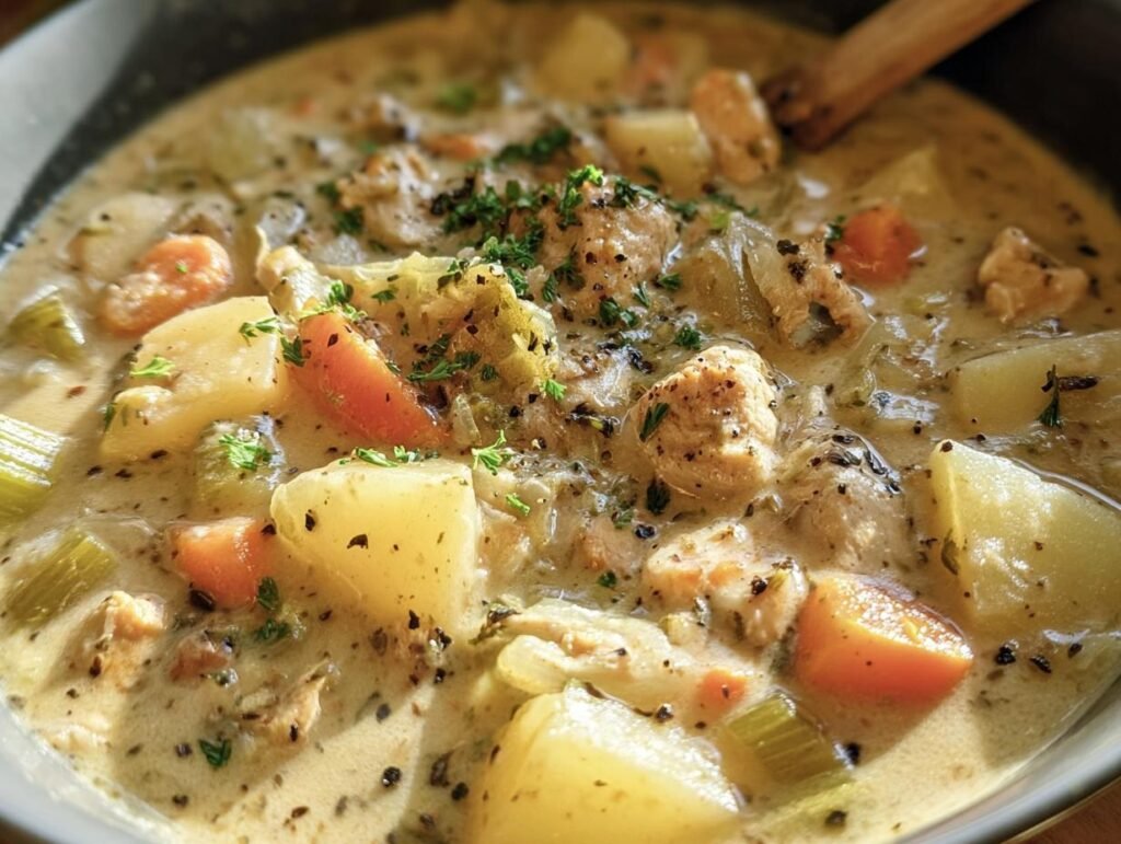 A bowl of chunky chowder conjures a feeling of comfort with its creamy broth, potatoes, carrots, and herbs.