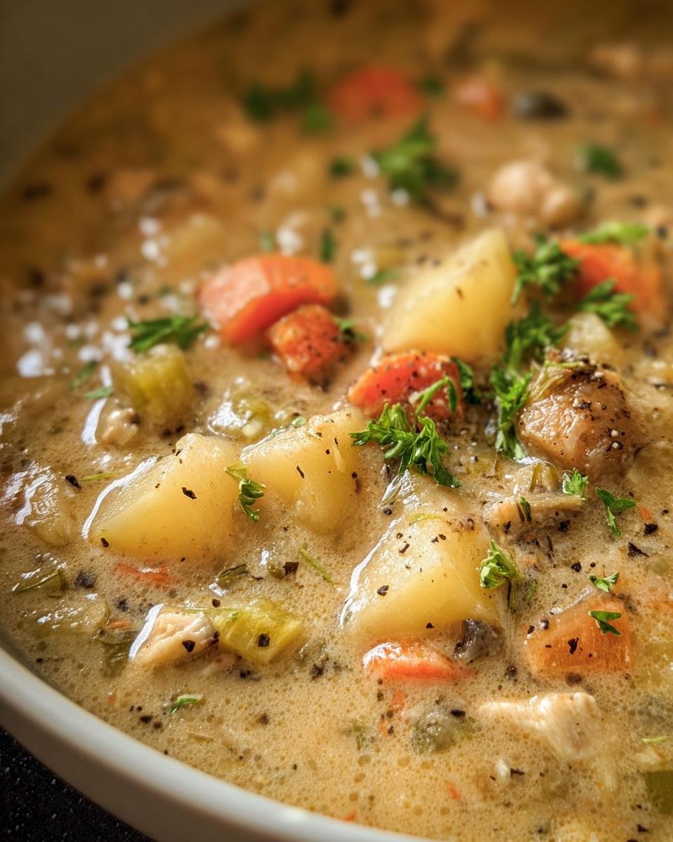 Close-up of creamy chunky chowder conjures comfort, filled with potatoes, carrots, celery, and herbs.