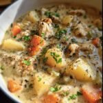 Close-up of a bowl of chunky chowder conjures with potatoes, carrots, meat, and herbs.