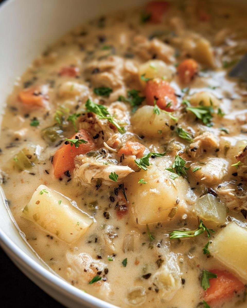 Close-up of a creamy bowl of chunky chowder conjures comfort, filled with potatoes, carrots, and herbs.